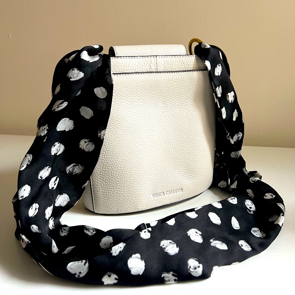 Vince Camuto White leather crossbody with silky scarf strap